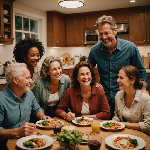 Friends Gather for a Joyful Meal in a Modern Kitchen