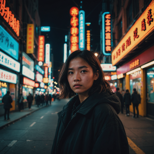 Lost in the Neon Glow: A Woman’s Solitary Journey Through the City