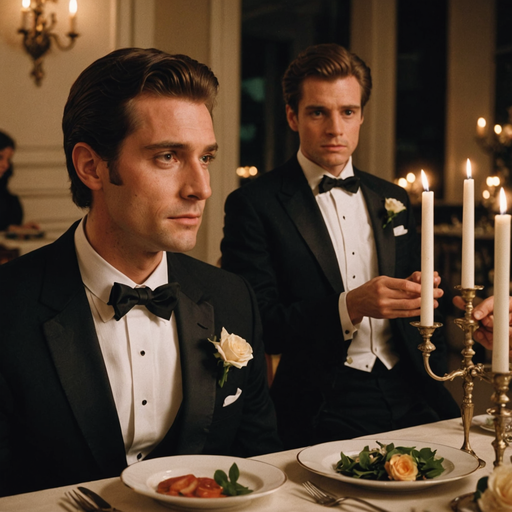 A Night of Secrets: Two Men in Tuxedos Gather in Candlelit Luxury