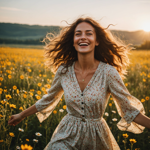 Golden Hour Joy: A Woman Finds Happiness in a Field of Flowers