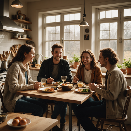 Warm Kitchen Gathering: Friends Share a Meal in the Golden Light