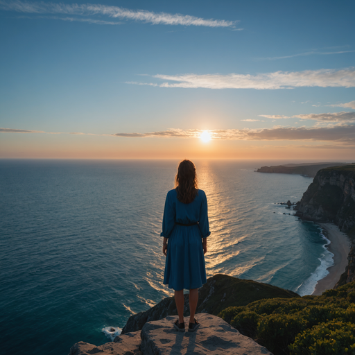 Golden Hour Serenity: A Woman Contemplates the Vast Ocean