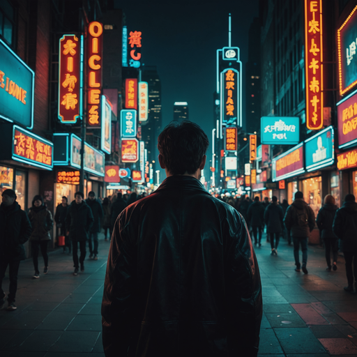 Lost in the Neon Maze: A Solitary Figure Navigates the City’s Night