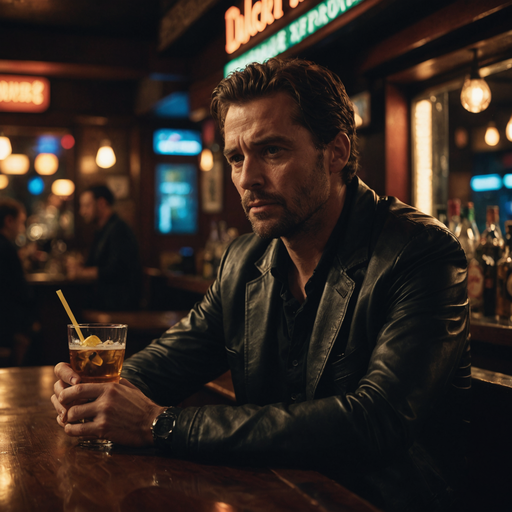 Lost in Thought: A Man’s Contemplative Moment at a Dimly Lit Bar