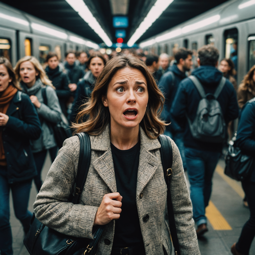 Lost in the Crowd: Fear Grips a Woman in a Bustling Station