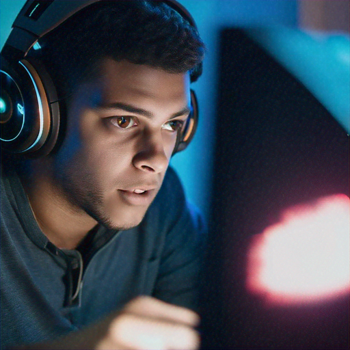 Lost in the Code: A Young Man’s Intense Focus Under Neon Lights