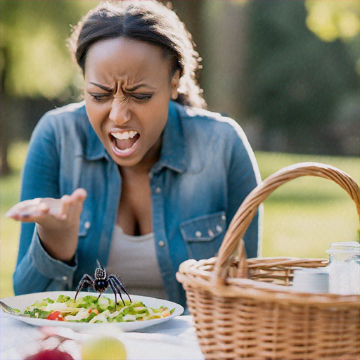 Picnic Surprise: Woman Startled by Spider in Salad