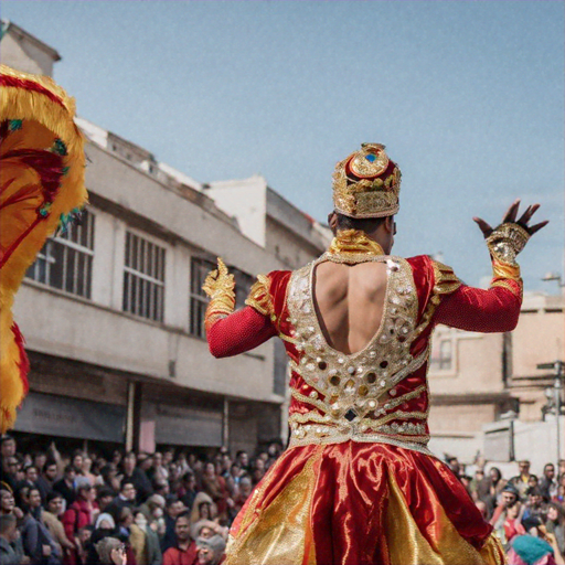 A Burst of Color and Energy: Man in Red and Gold Dances at Festive Celebration