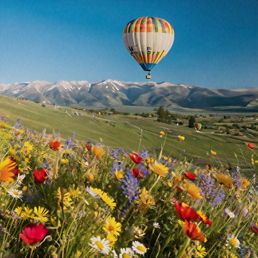 Tranquil Beauty: Hot Air Balloon Soars Over Wildflower Meadow