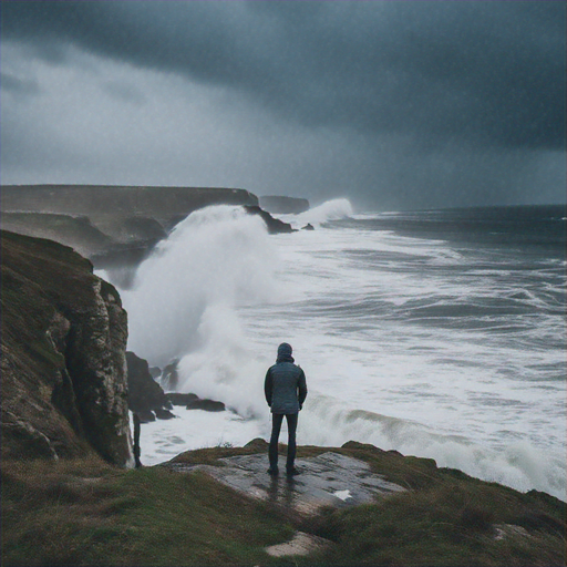 Lost in the Vastness: A Solitary Figure Contemplates the Stormy Sea