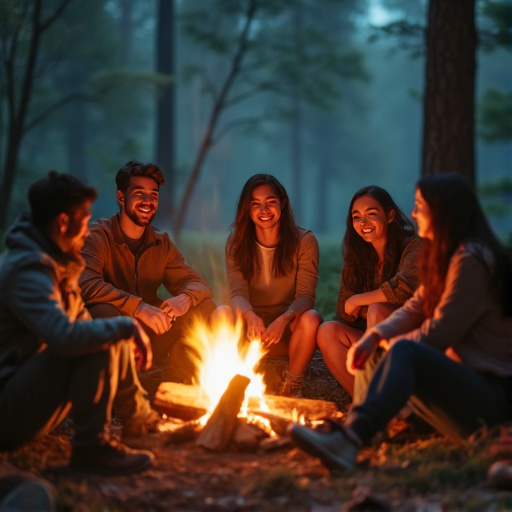 Campfire Glow: Friends Gather Under the Stars