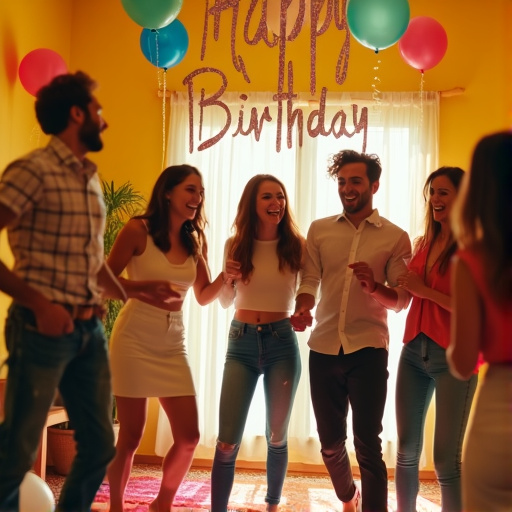 Birthday Joy: Friends Celebrate with Balloons and Laughter