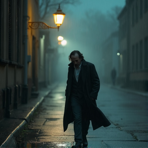 Lost in the Mist: A Man’s Solitary Journey Through a Rain-Soaked City