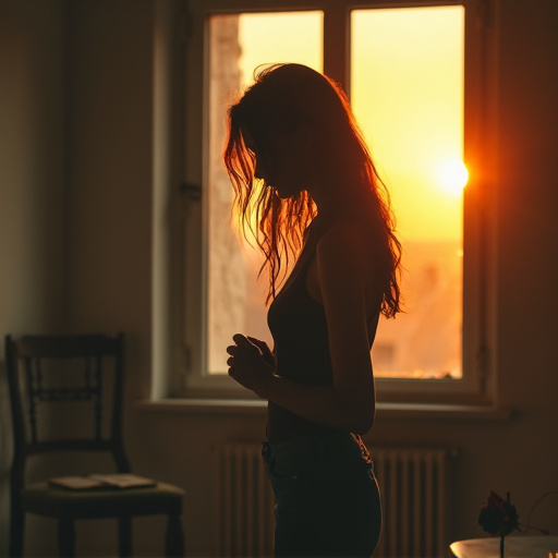 Silhouette of Melancholy: A Sunset Window Scene