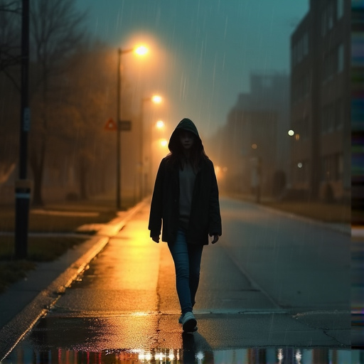 Lost in the City’s Embrace: A Solitary Figure Walks Through the Rain