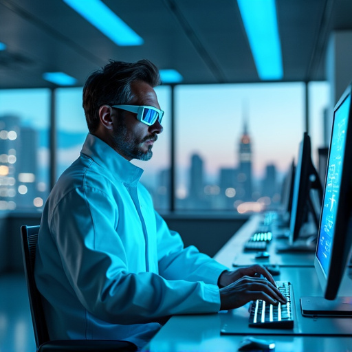 Unveiling the Future: A Man in a Lab Coat Works on a Computer in a Modern Office