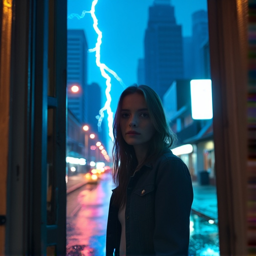 Urban Enigma: A Woman’s Gaze Under a Lightning Bolt