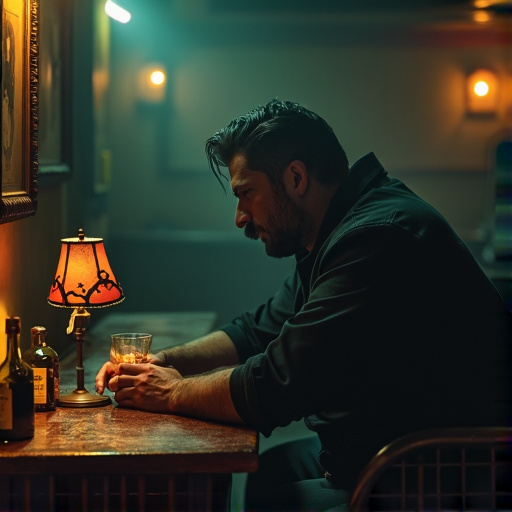 Lost in the Shadows: A Man’s Melancholy in a Dimly Lit Bar