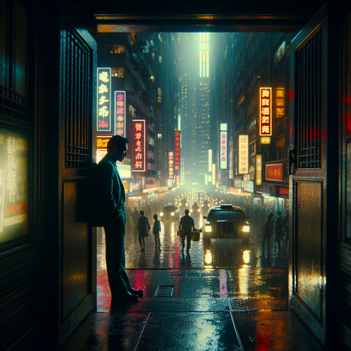 Lost in the Neon Rain: A Figure Stands Alone in the City’s Heart