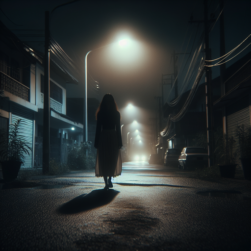 Lost in the Shadows: A Woman Walks Alone in the Night