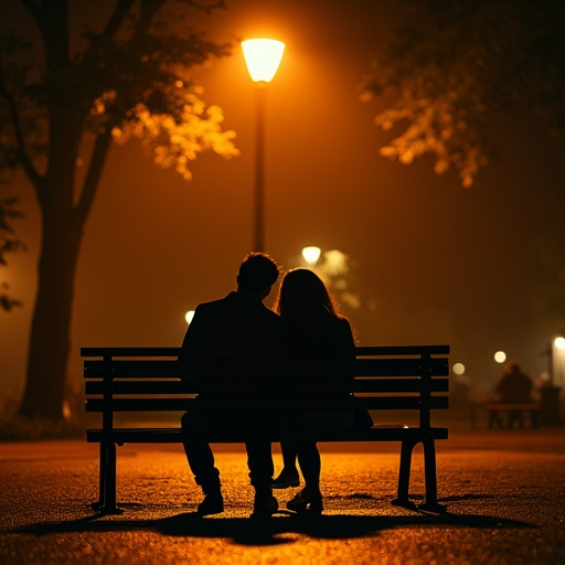 A Night of Romance: Silhouetted Couple in a Dimly Lit Park