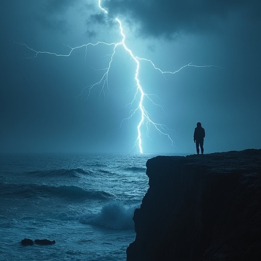 Lightning Strikes a Solitary Figure on a Stormy Cliff