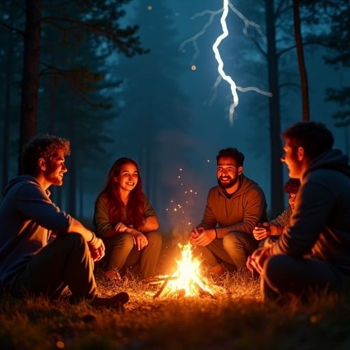 Friends Gather ‘Round the Fire as Lightning Strikes