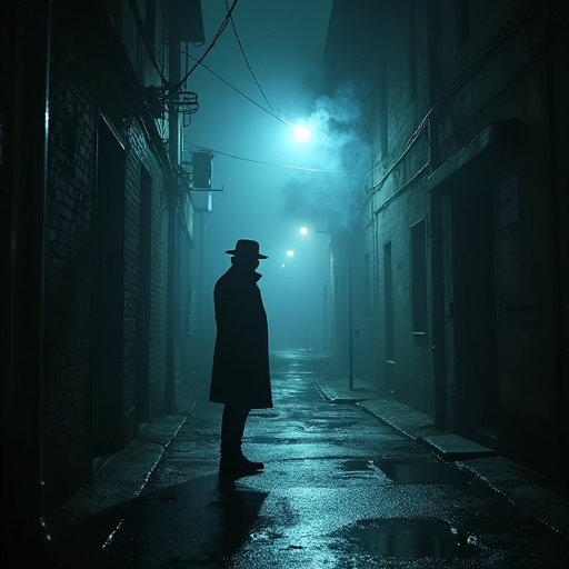 Shadowy Figure in Fog-Shrouded Alley