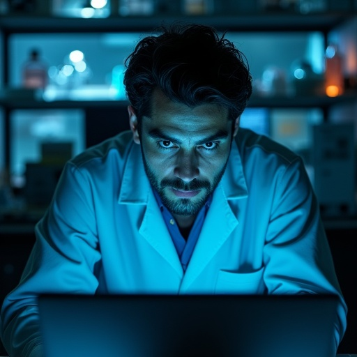 Unveiling the Secrets: A Man in a Lab Coat Focuses on a Laptop Screen