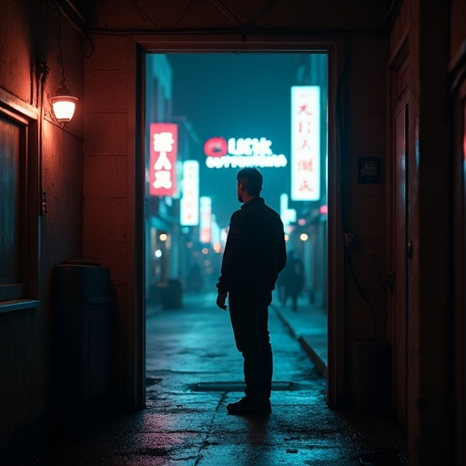 Lost in the Neon Glow: A Man’s Shadowy Gaze