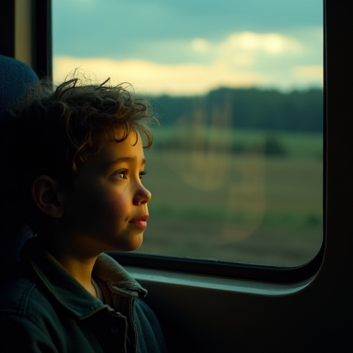 A Moment of Reflection: A Boy’s Pensive Gaze Through the Train Window