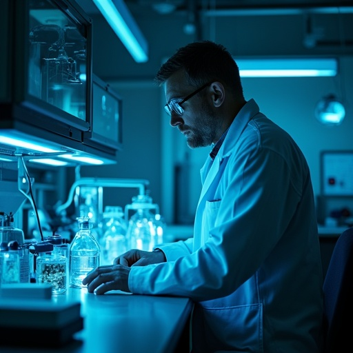 Unveiling the Secrets: A Scientist’s Focus in a Blue-Lit Lab