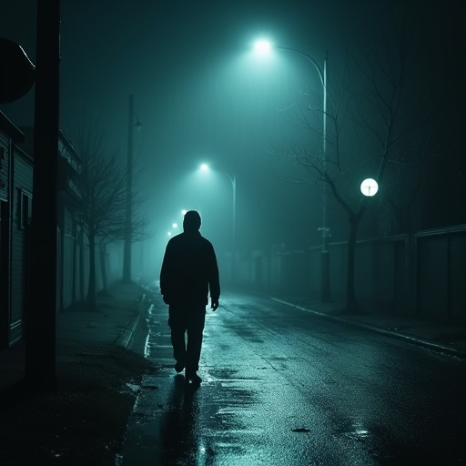 Lost in the Fog: A Solitary Figure Walks a Deserted Street