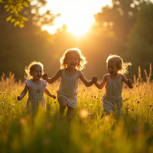 Golden Hour Joy: Three Girls Running Free