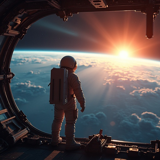 A Moment of Awe: Astronaut Silhouetted Against Earth’s Sunrise