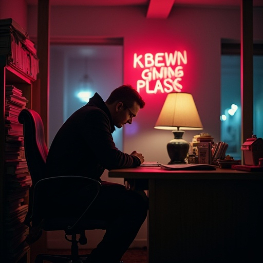 Lost in the Neon Glow: A Man’s Pensive Moment