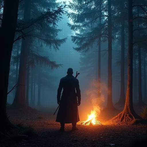 Silhouetted in the Mist: A Lone Figure by the Campfire