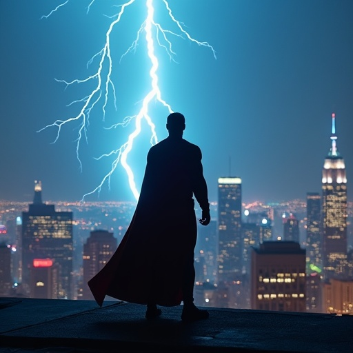 Silhouetted Hero, Cityscape, and Lightning: A Dramatic Showdown