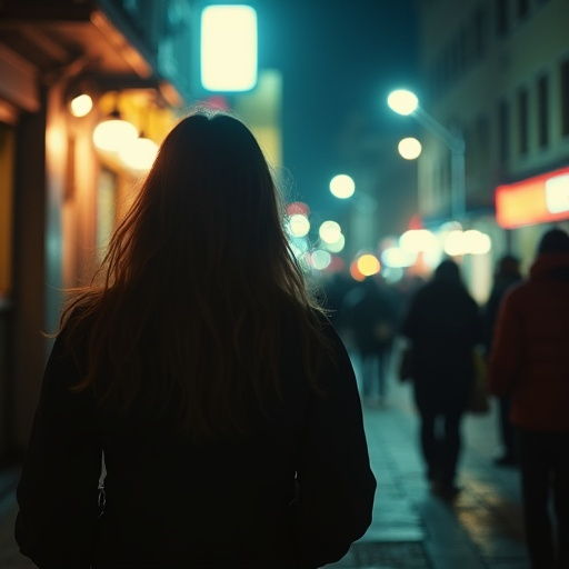 Silhouettes of Solitude: A Woman Walks Through the City at Night