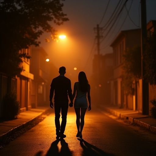 A Mysterious Stroll: A Silhouetted Love Story Unfolds Under Streetlights