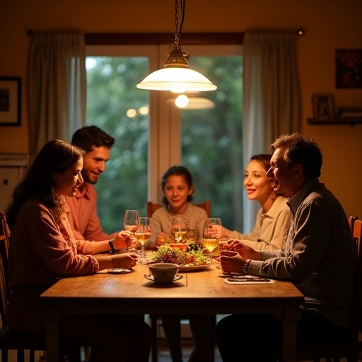 Warm and Intimate Gathering: Friends Sharing a Meal in a Cozy Dining Room