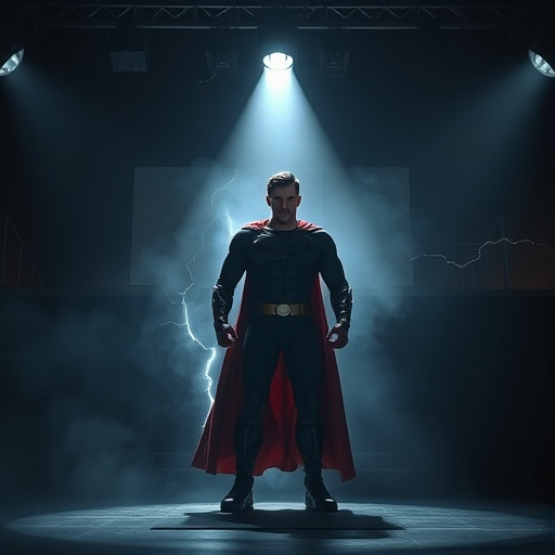 Superhero Stands in the Shadow of a Storm