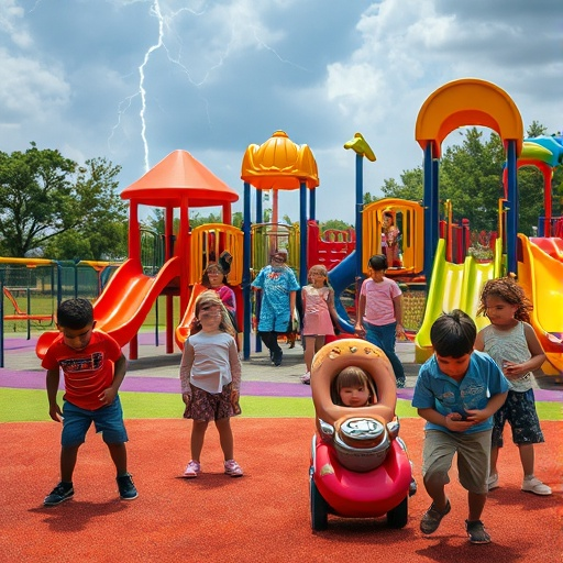 Playful Chaos: Children Frolic Amidst a Lightning Storm