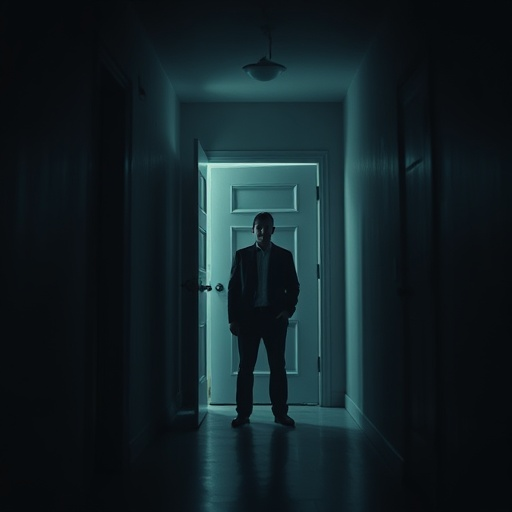 Shadows and Secrets: A Man in the Blue-Lit Hallway