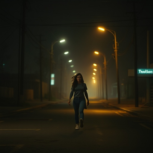 Lost in the Shadows: A Woman’s Solitary Walk Through a Moody Evening