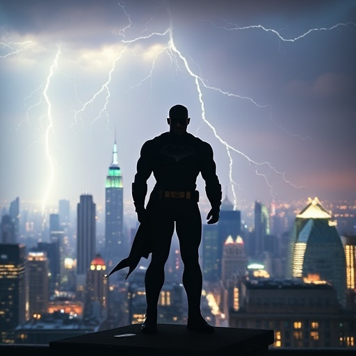 Silhouetted Hero, City Under Storm