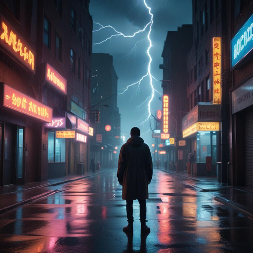 Neon City Thunderstorm: A Lone Figure Bathed in Light