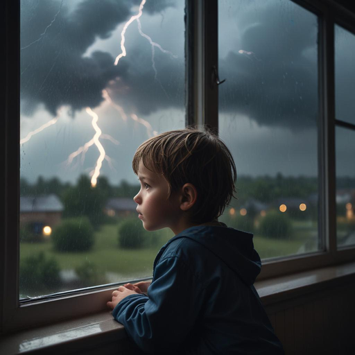 Young Boy Gazes at Stormy Sky, Pensive and Alone