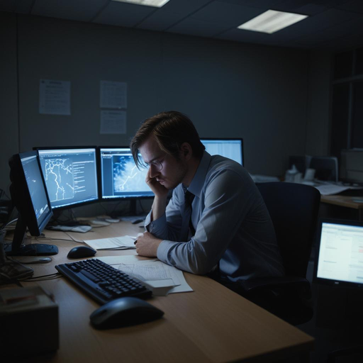 Late Night Struggle: A Man Battles Through a Mountain of Work