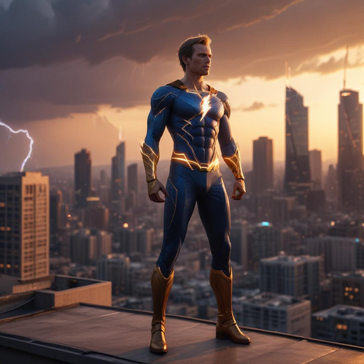 Superhero Stands Tall Against a Dramatic Sunset